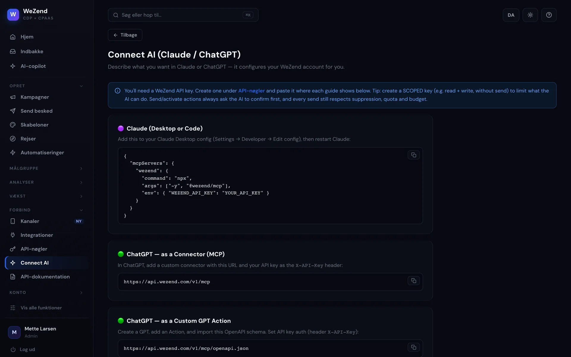 WeZend Connect AI page with Claude and ChatGPT setup